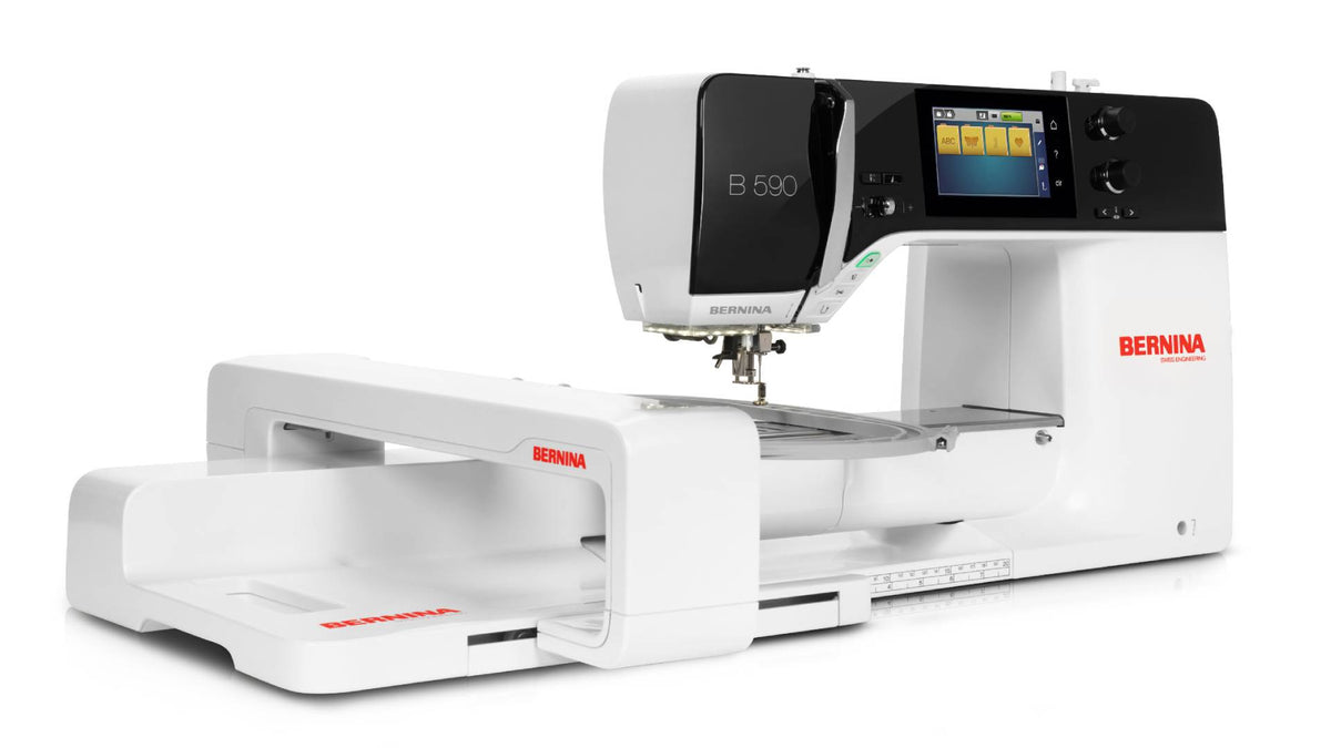 BERNINA 590 - angled view with optional embroidery module. Embroidery module is included only with the Yes configuration; other pictured accessories may be optional.
