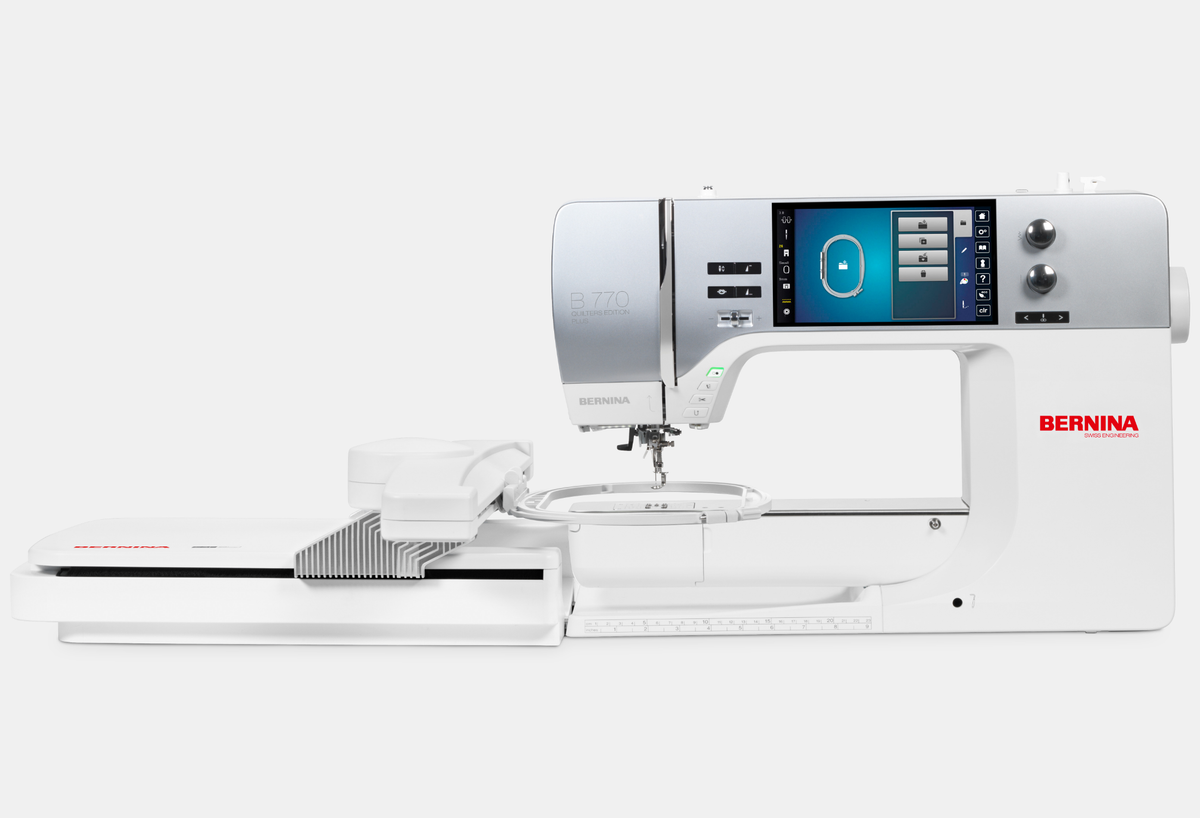 BERNINA 770 QE Plus - front view with optional embroidery module and hoop. Embroidery module is included only with the Yes configuration; other pictured accessories may be optional.