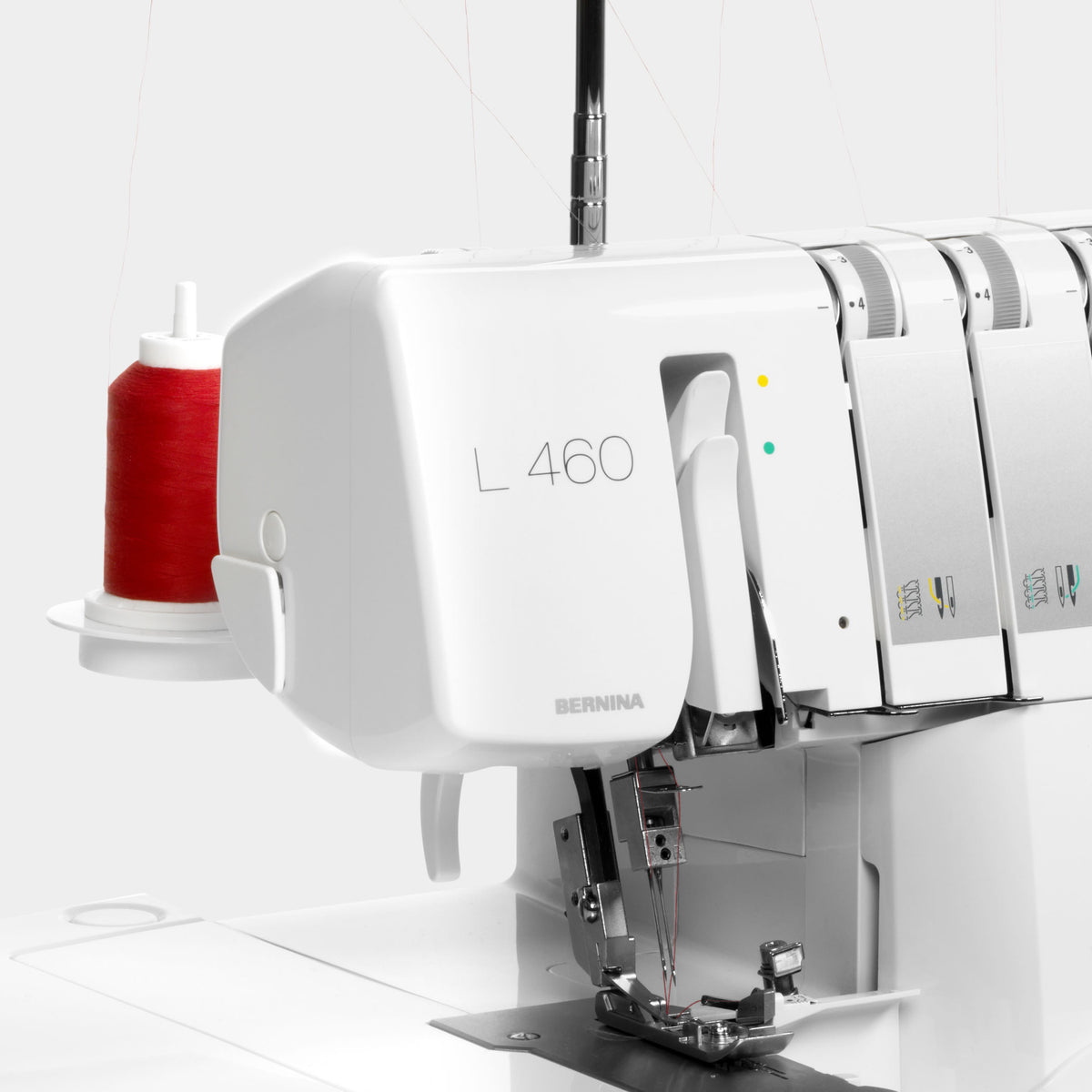 BERNINA L460 Serger close-up of labelled thread paths and needle area