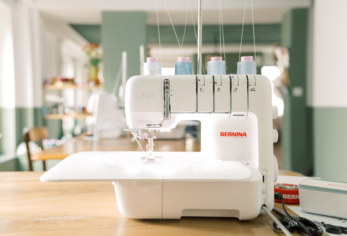 BERNINA L620 Coverstitch Machine front view of coverstitch machine in a sewing studio