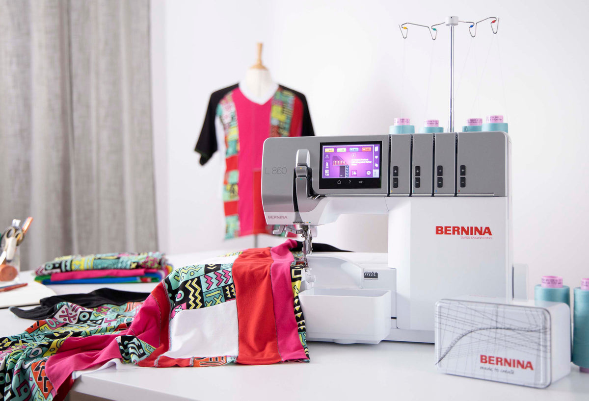 BERNINA L860 Serger overlocking studio setup; project materials shown for inspiration
