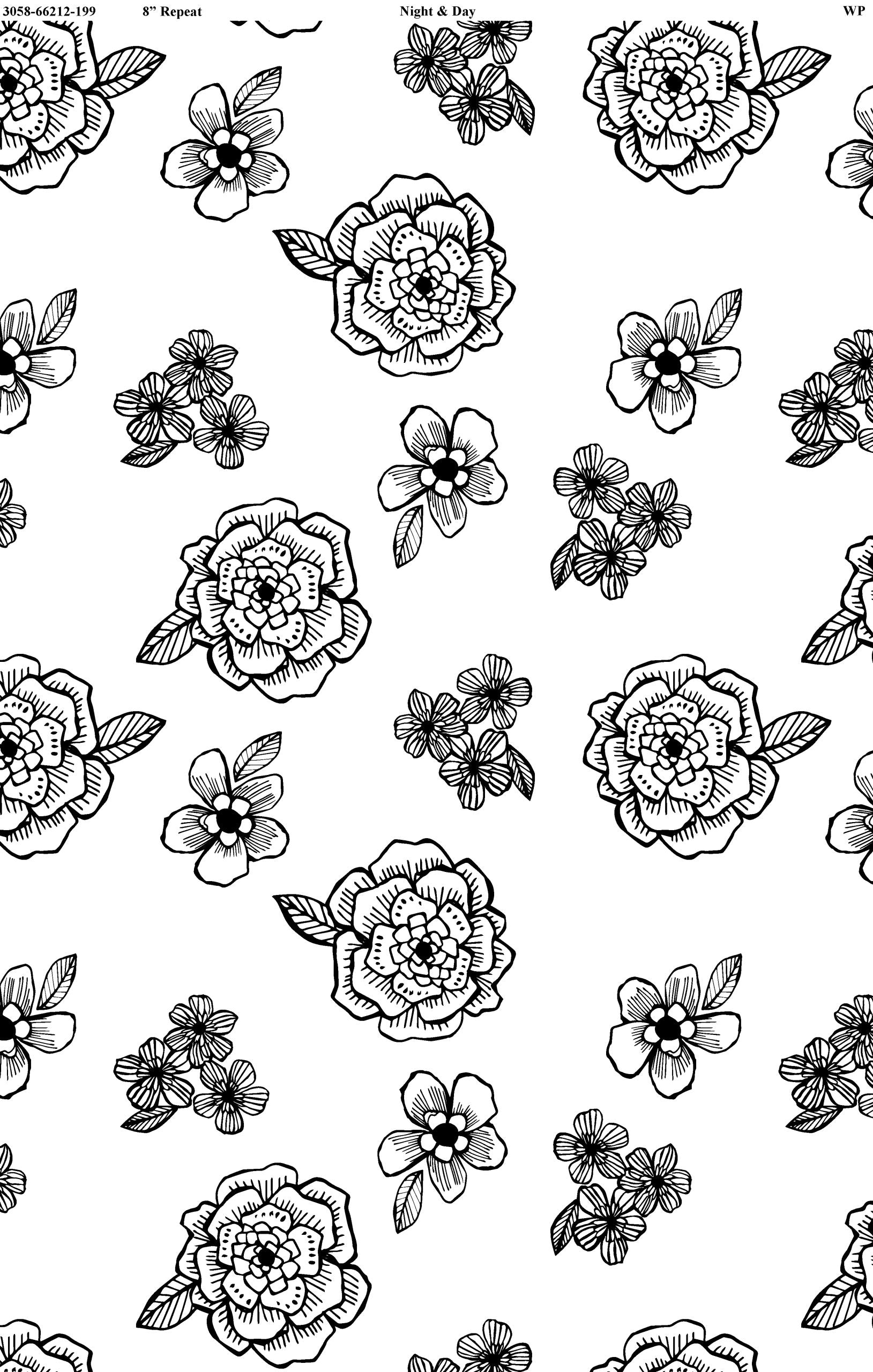 Night & Day - Medium Floral - White/Black - 44" Wide - Wilmington