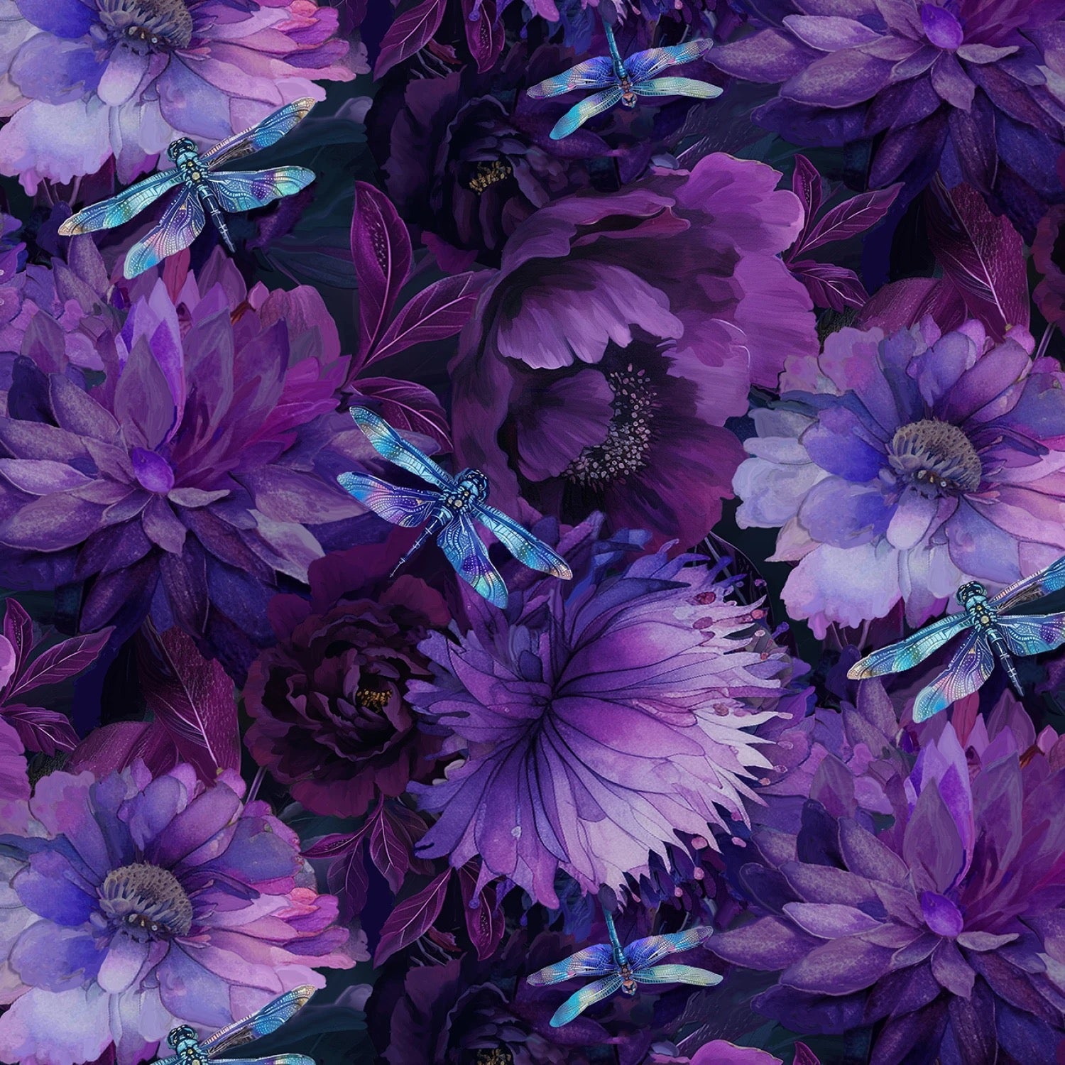 Drangonfly Mist - Purple Wide Floral With Dragonflies - 44" Wide - Timeless Treasures