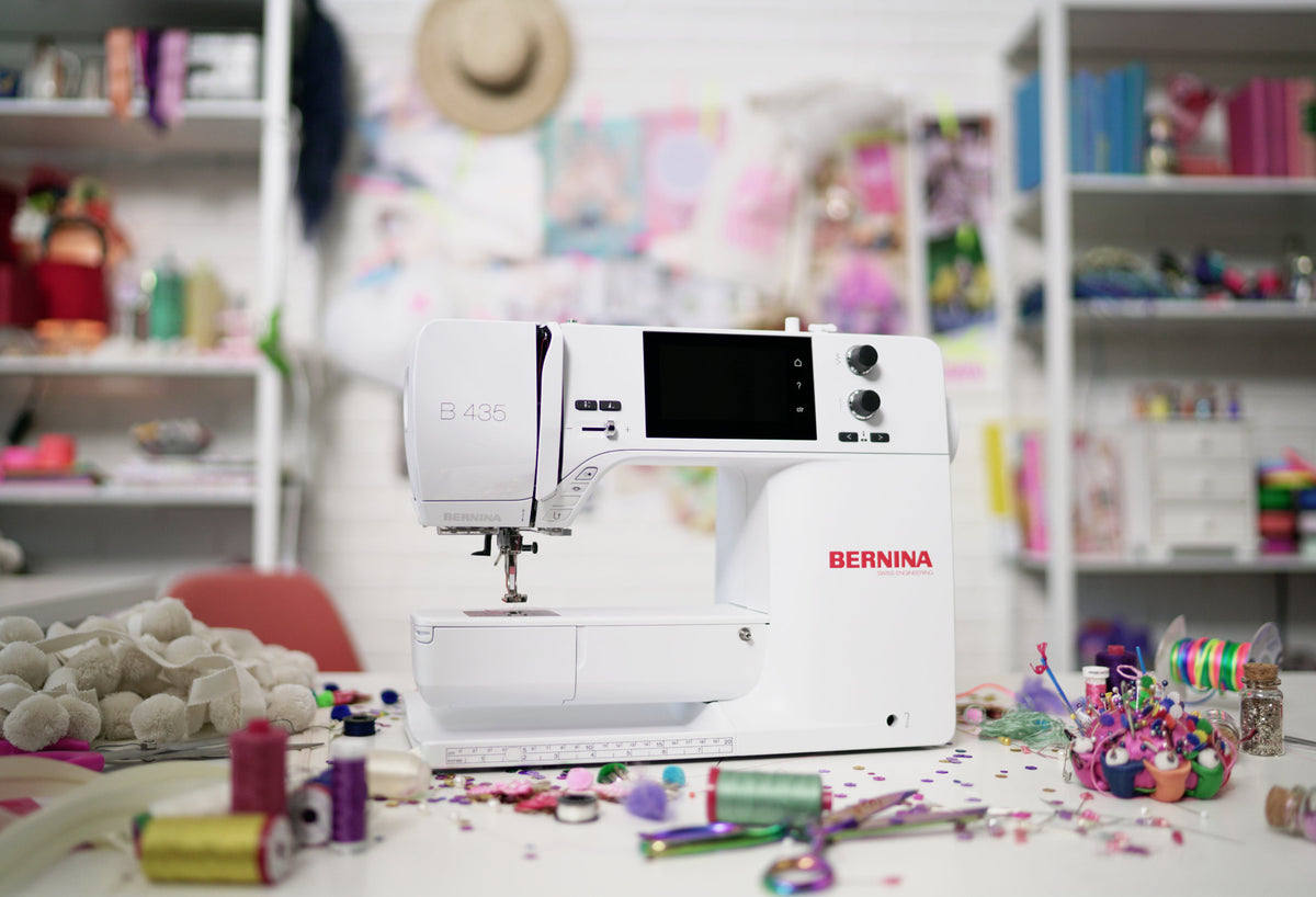 BERNINA 435 sewing studio view; project materials shown for inspiration