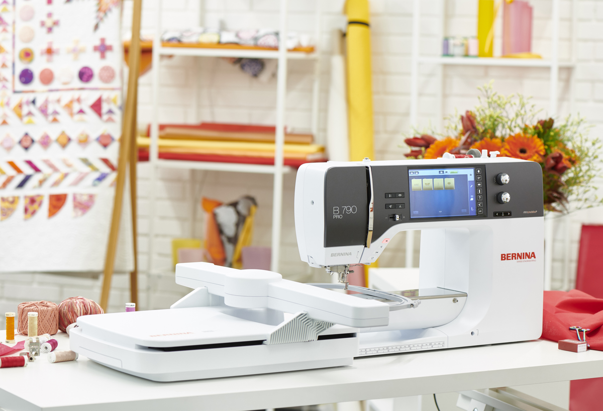 BERNINA 790 PRO embroidery studio setup with module attached; embroidery module included only with the Yes configuration
