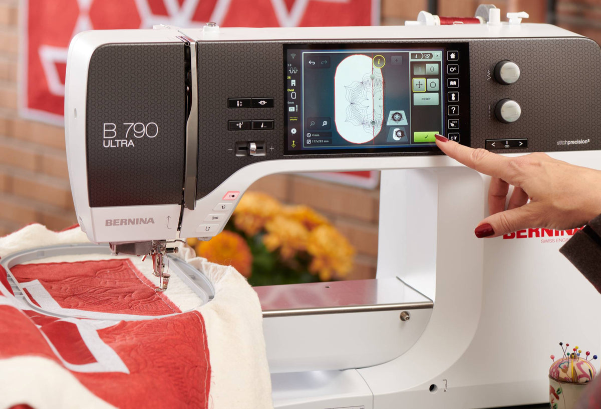 BERNINA 790 ULTRA close-up of embroidery touchscreen and hooped project; module shown in embroidery setup