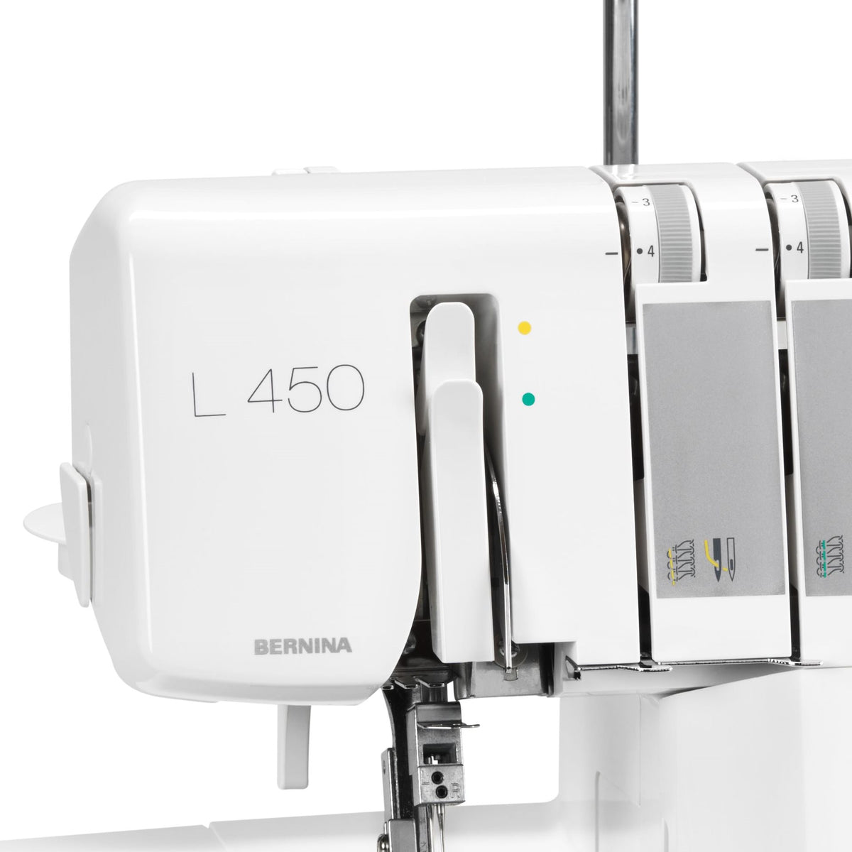 BERNINA L450 Serger close-up of labelled thread paths and needle area