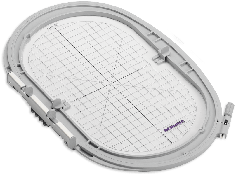 BERNINA Large Oval Embroidery Hoop, 145 × 255 mm, shown with positioning template in the official manufacturer product photo