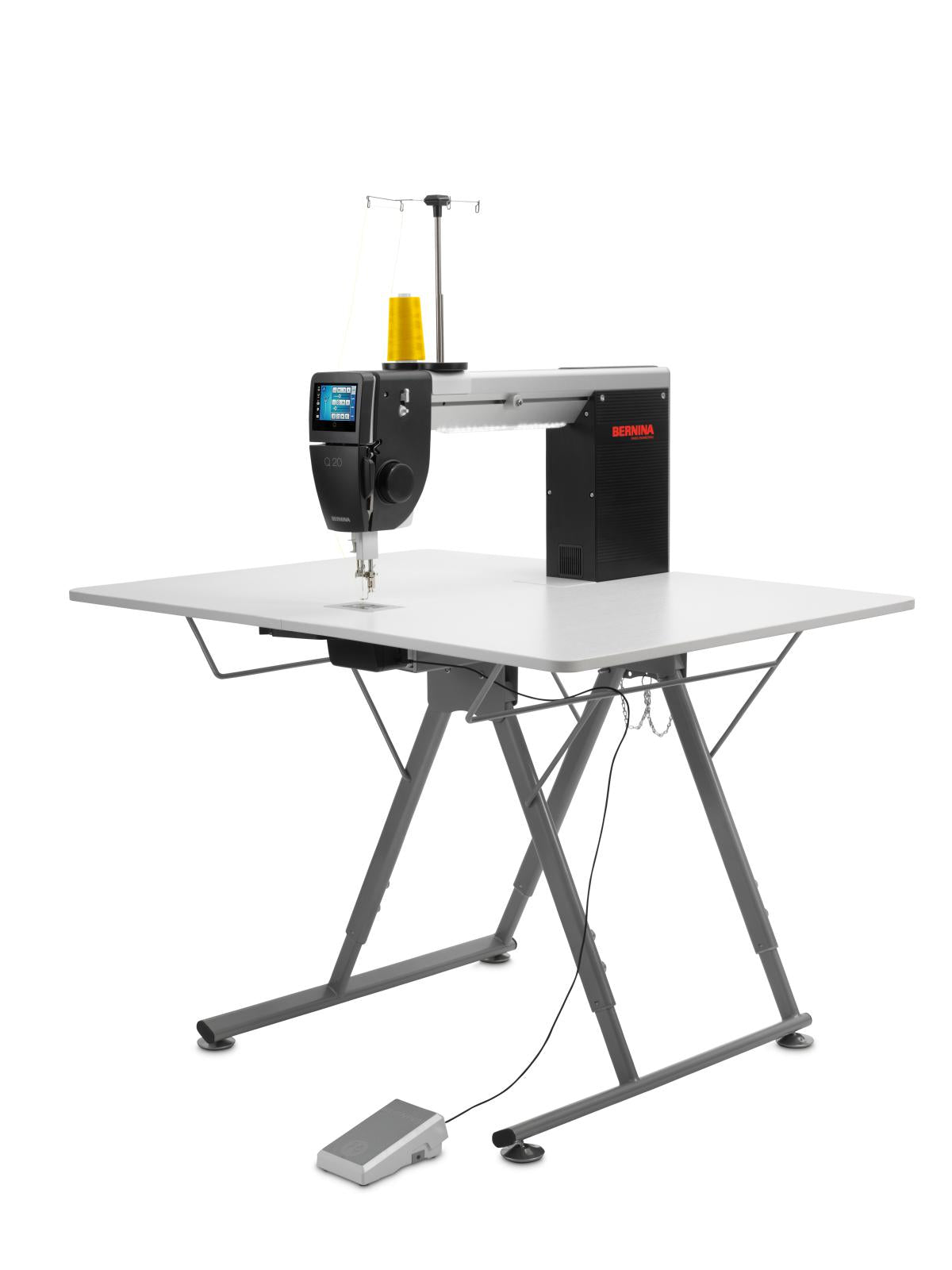 BERNINA Q20 sit-down longarm shown on a folding table, with foot control and thread stand; select the matching table configuration