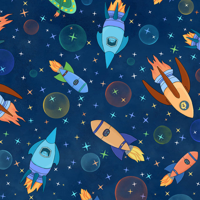 Space Monsters - Rush Hour Spaceships - Dark Navy/Multi - 44" Wide - Maywood Studio