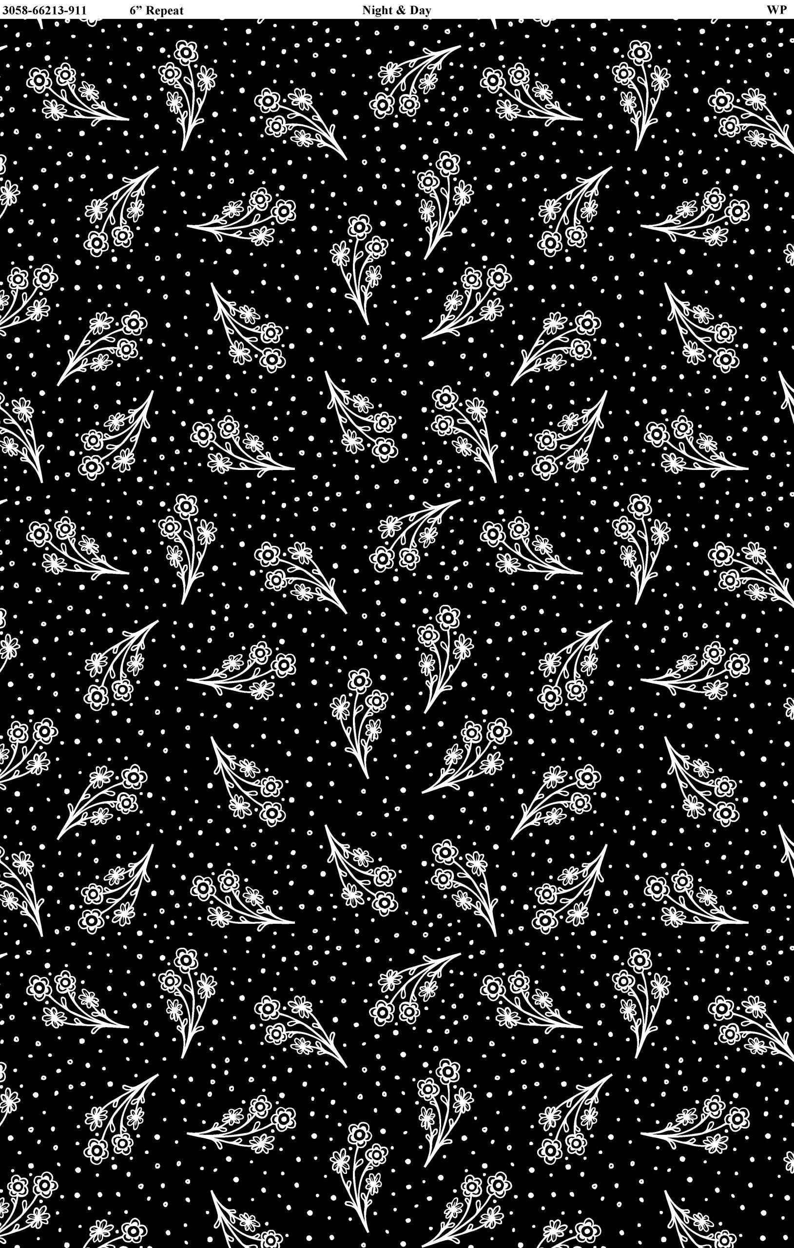 Night & Day - Small Floral - Black/White - 44" Wide - Wilmington