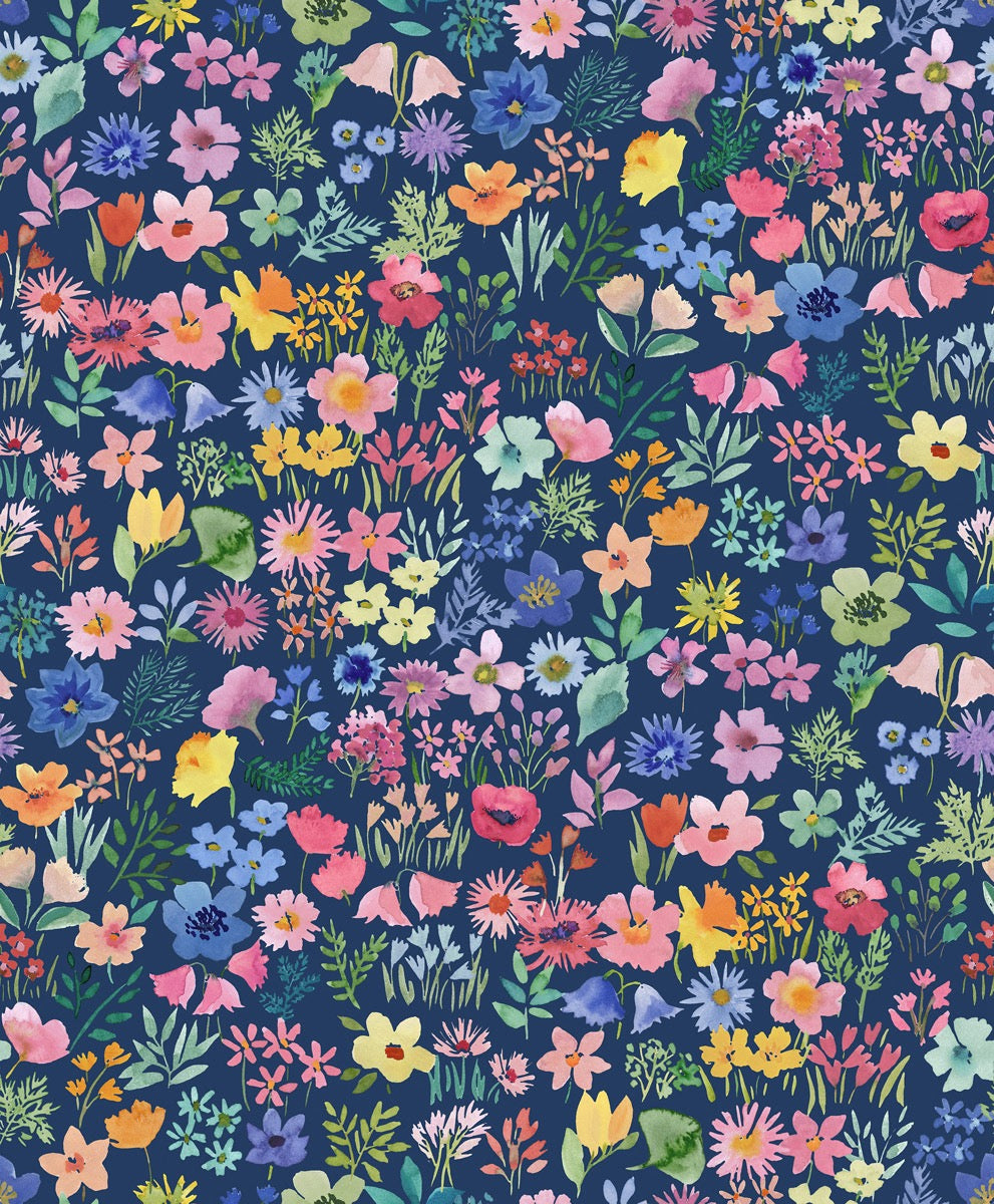 Flower Collection - Flower Library Navy - 44" Wide - Lewis & Irene Fabrics