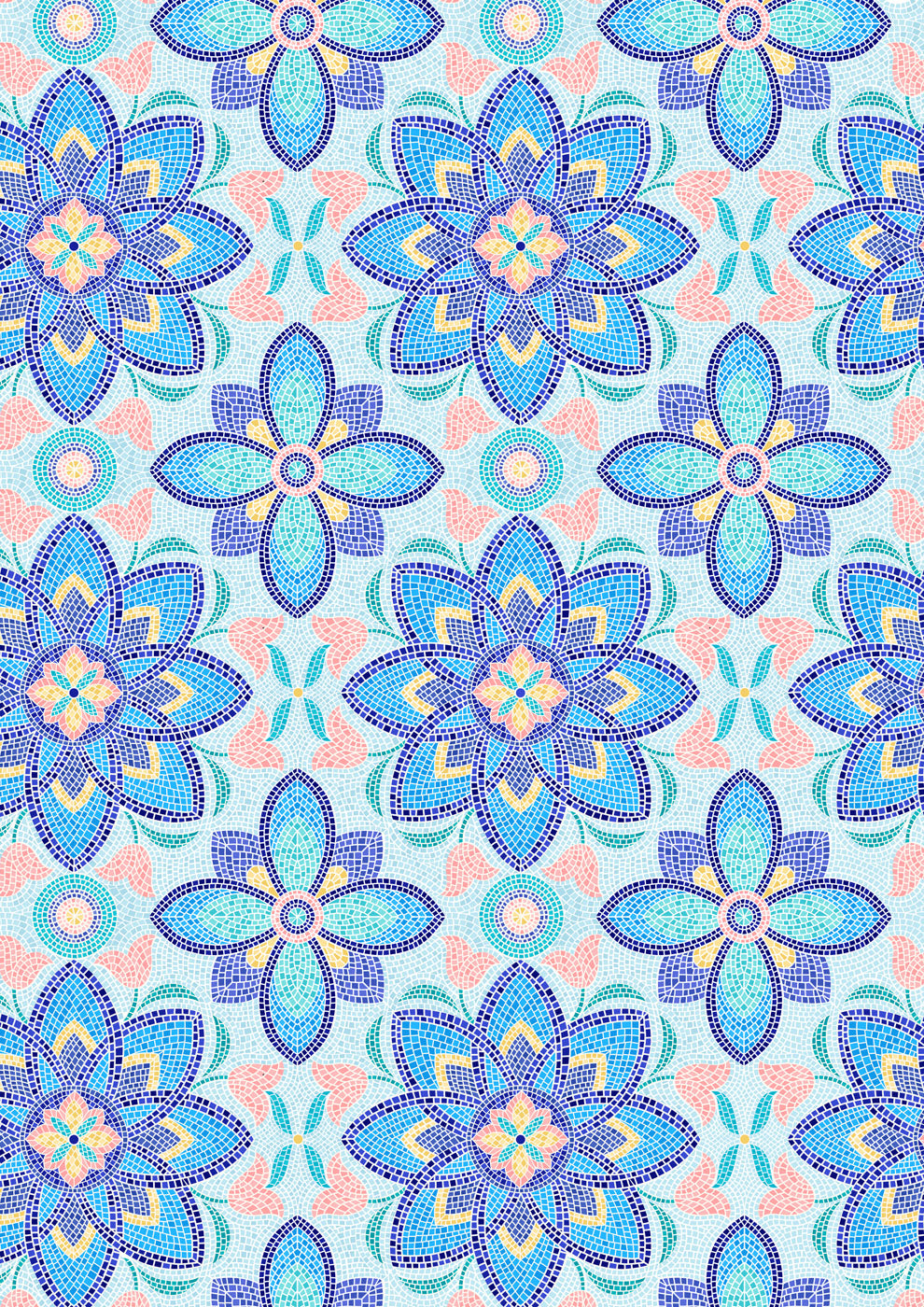 Aegean - Mosaic - Coral/Blues - 44" Wide - Lewis & Irene