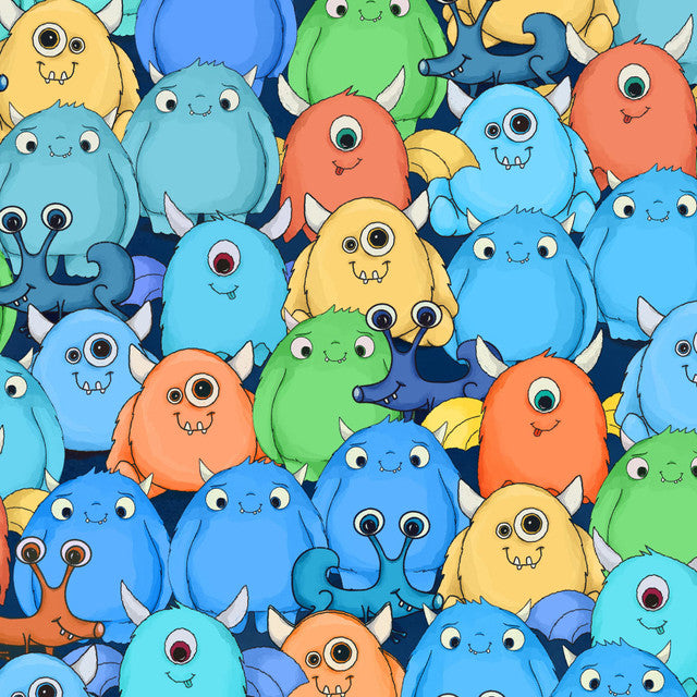 Space Monsters - Crowd of Monsters - Dark Navy/Multi - 44" Wide - Maywood Studio