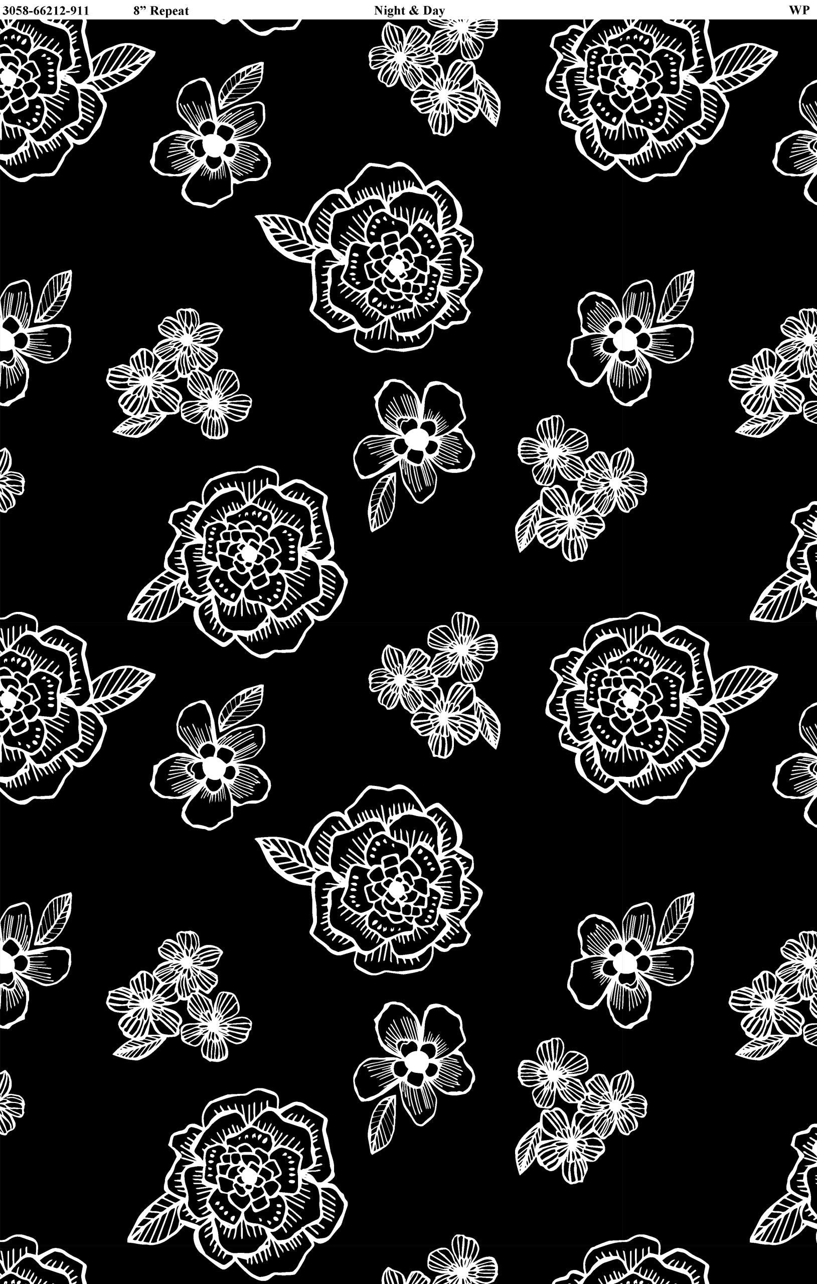 Night & Day - Medium Floral - Black/White - 44" Wide - Wilmington