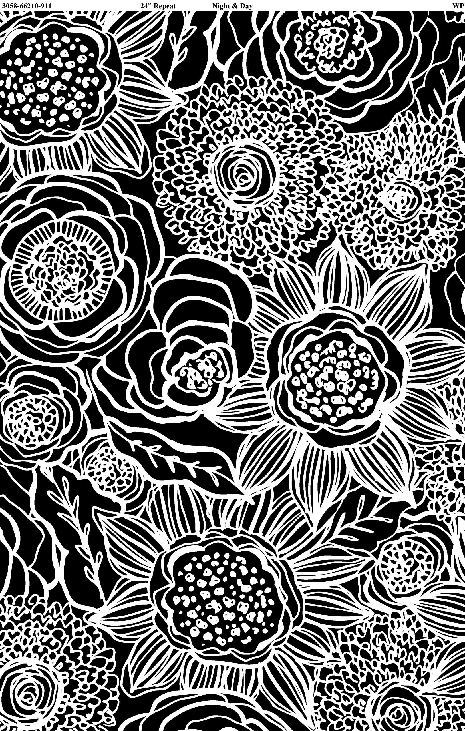 Night & Day - Large Floral - Black/White - 44" Wide - Wilmington