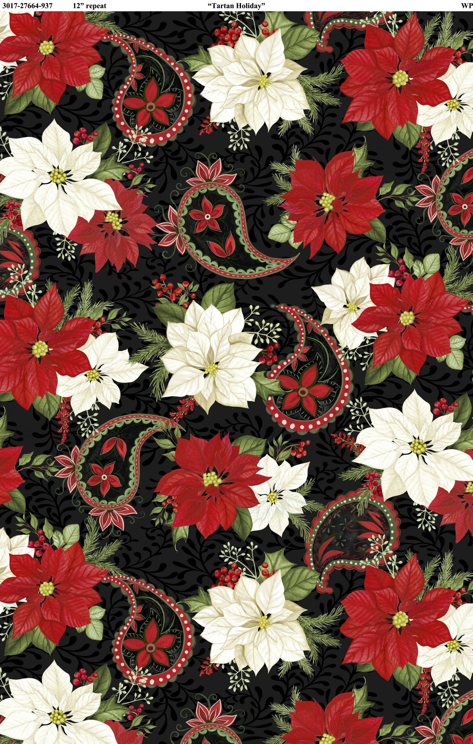 Tartan Holiday - Paisley/Poinsettia - Black - 44" Wide - Wilmington