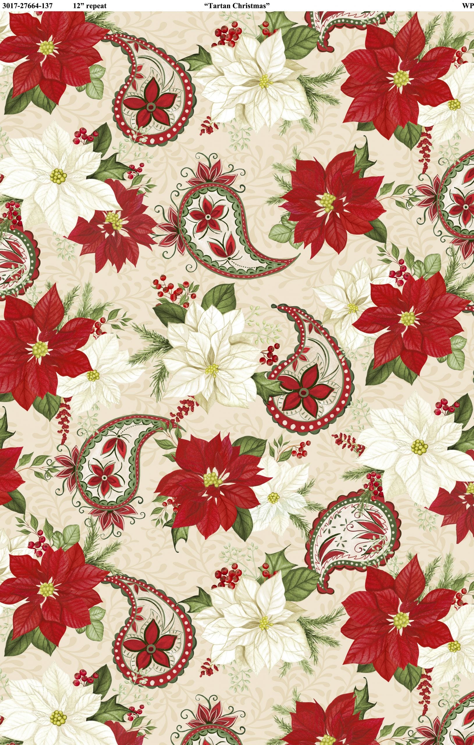 Tartan Holiday - Paisley/Poinsettia - Beige - 44" Wide - Wilmington