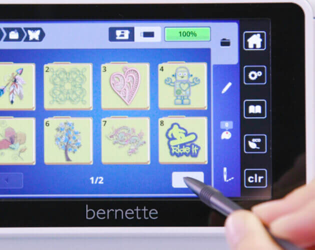 bernette 70 DECO — embroidery-design selection on touchscreen