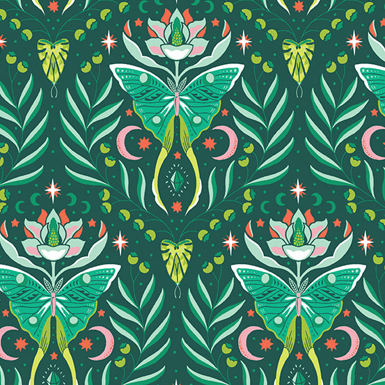 Moonlit Garden - Moonlit Moth Damask Deep Forest - 44" Wide - Andover Fabrics